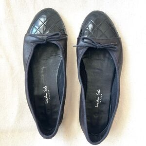 London Sole Black Quilted Patent Toe Ballet Flats with Bow